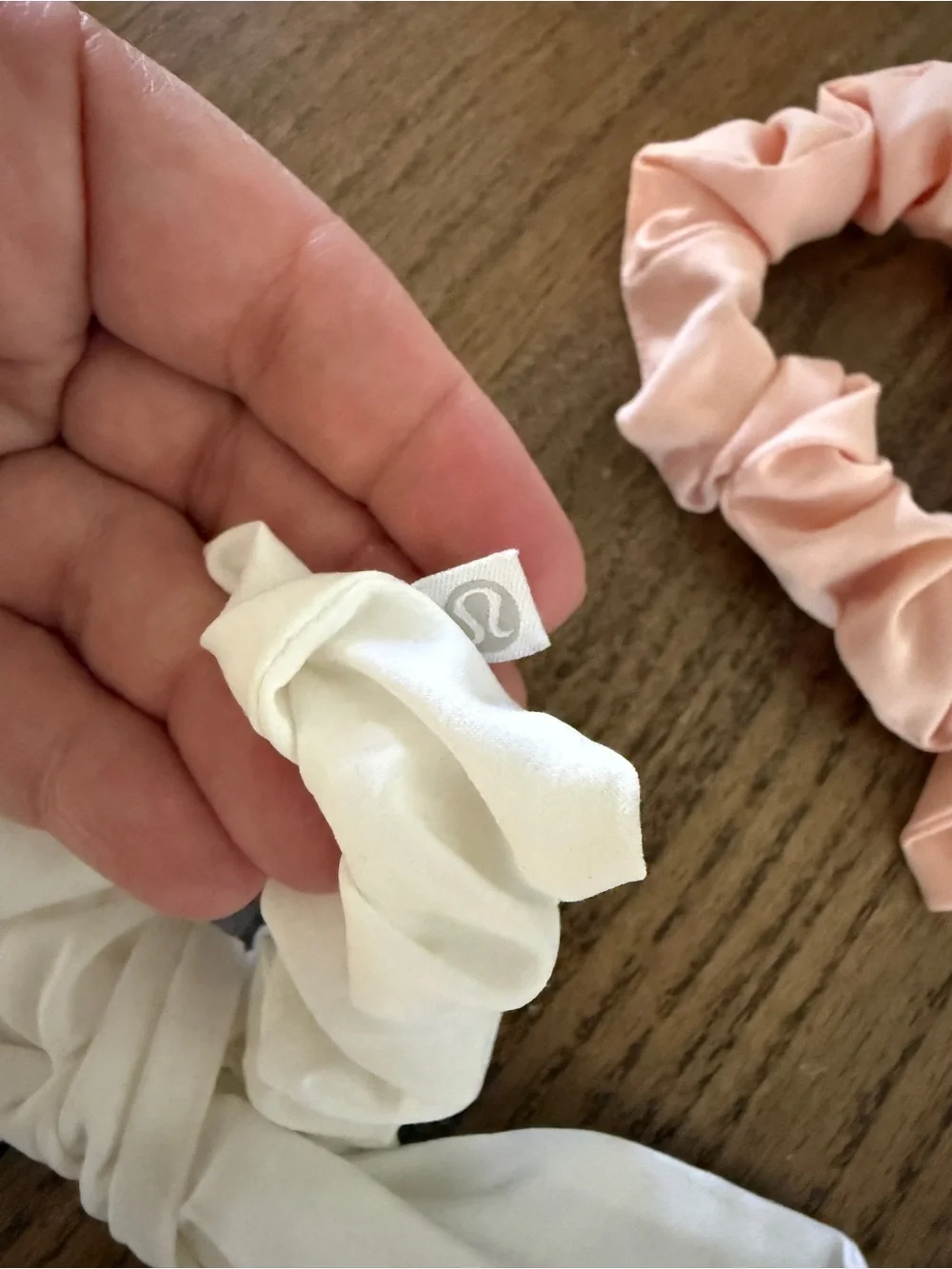 Set of Three Lululemon Scrunchies in Lime, Peach, and White